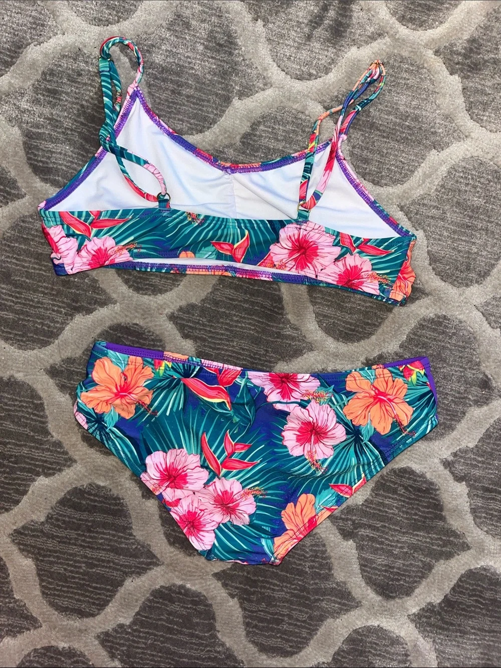 Floral Tropical Girls' Bikini Set - Green & Purple